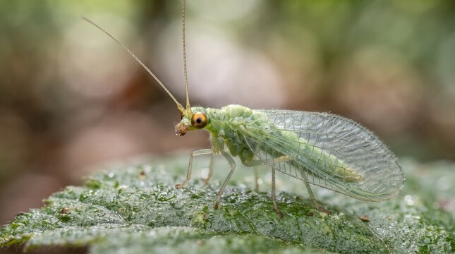 Macro shot of a green lacewing insect on a leaf
