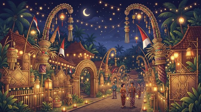 Traditional Indonesian village festival at night with lanterns