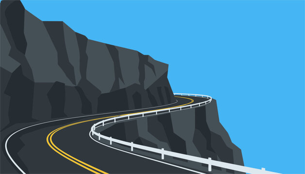 Paved road winds dangerously along the edge of a steep rocky cliff face under a clear blue sky demonstrating rugged mountain driving conditions.