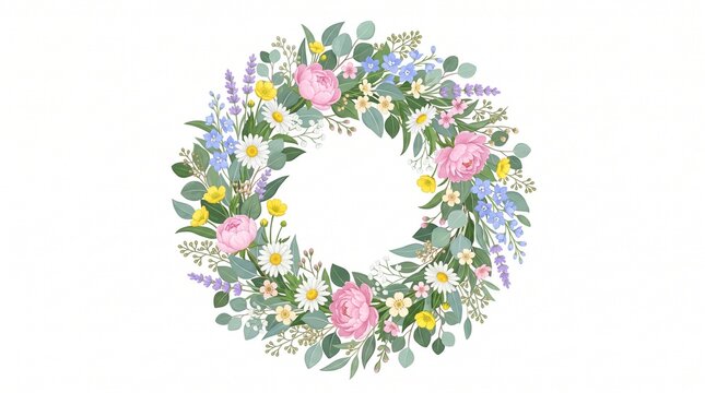 floral wreath with peonies and wildflowers