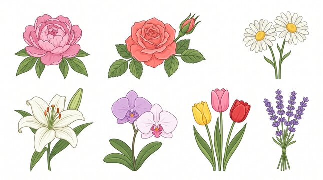 Set of colorful hand drawn spring flowers