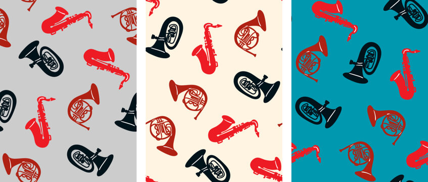 retro jazz brass instruments seamless pattern set with saxophone tuba and french horn on grey cream and teal backgrounds