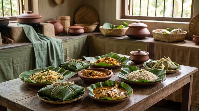 Traditional Indonesian Food Served on Banana Leaves