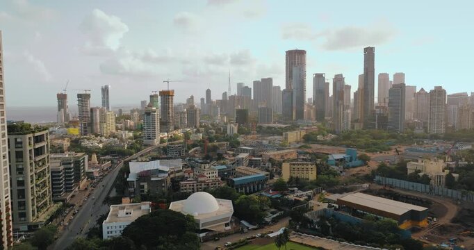 Aerial view of Mumbai Skyline, high-rise buildings in Mumbai, Maharashtra, India. Cinematic shot of an Indian cityscape. Most posh areas of Worli-Lower Parel in Mumbai.
