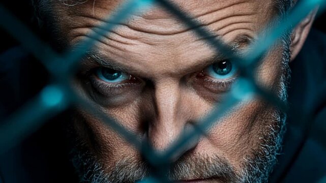 Man looks through a fence with a focused expression in a dimly lit space during daytime
