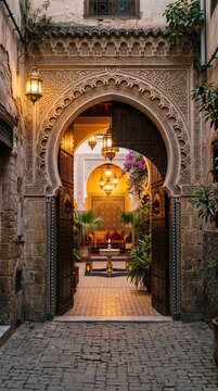 Traditional Moroccan riad courtyard entrance at sunset