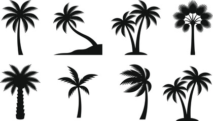 Naklejka premium Palm Tree Silhouette Icon Set Featuring Tropical, Coastal, and Exotic Nature Design Elements