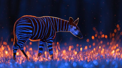 Naklejka premium Night scene of an okapi animal in blue forest with bokeh light spots on the ground grassy field