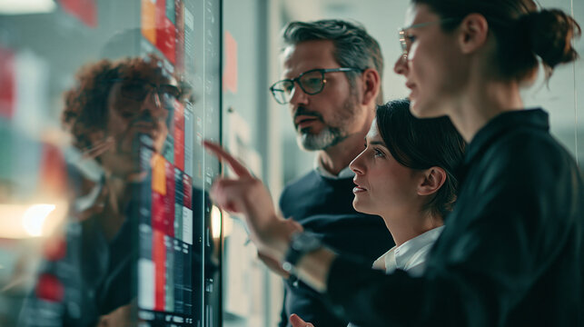 Investment committee in a small modern office reviewing how different asset classes behaved during a turbulent market period, one person pointing to a correlation matrix-style