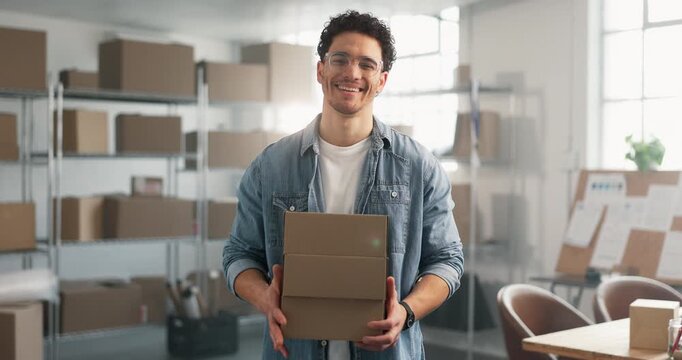 Face, happy or businessman with boxes for logistics or supply chain service in small business. Portrait, male person or smile with courier packages in shop for distribution, delivery or freight