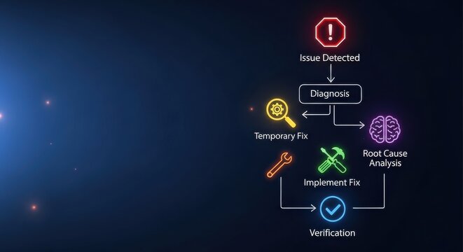 Problem Solving Workflow Diagram with Icons for Diagnosis, Temporary Fix, and Implementation