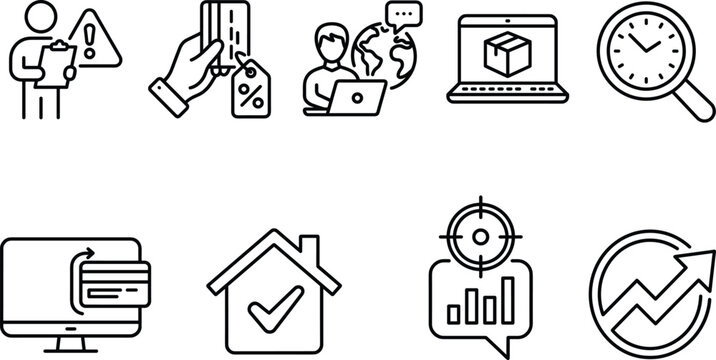 E commerce business line icon set with payment global support online shopping tracking time mortgage and market growth elements