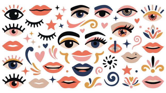Eyes and lips abstract modern beauty elements set vibrant colors.