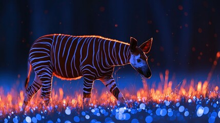 Naklejka premium Okapi walking through mystical glowing blue and orange field
