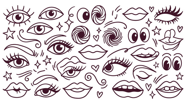 Eyes and lips outline doodle style abstract beauty elements set.