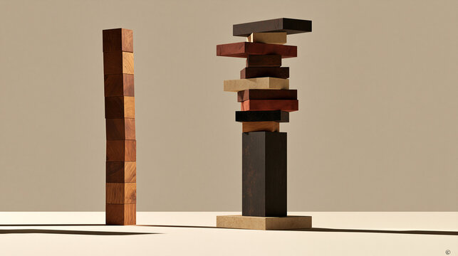 Editorial conceptual scene of a narrow tower made from identical investment blocks beginning to wobble beside a stable structure built from varied asset blocks, concentration risk