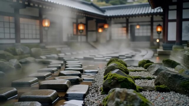 Serene Japanese garden with stepping stones and mist rising from water, traditional architecture visible in the background, creating a tranquil atmosphere