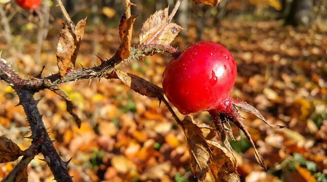 Bright red rosehip on a thorny branch with autumn leaves