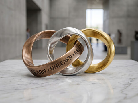 Close Up of Intertwined Gold and Bronze Rings Engraved with Growth Mindset Concept