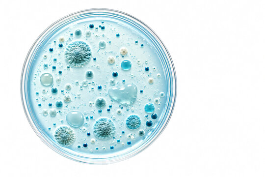 Top view of a Petri dish containing colorful microbial colonies for microbiology, laboratory research and biotechnology concepts