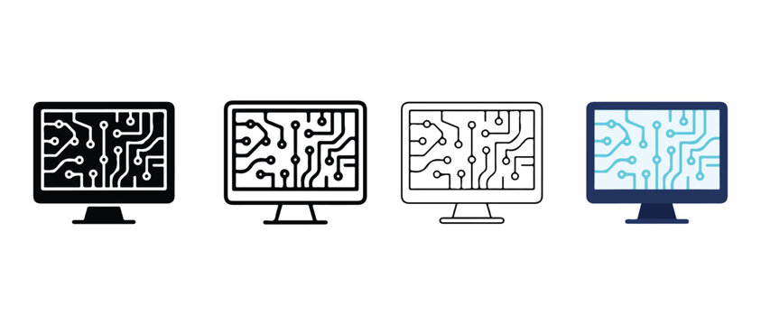 computer monitors displaying intricate circuit board schematics in stylized graphic design format