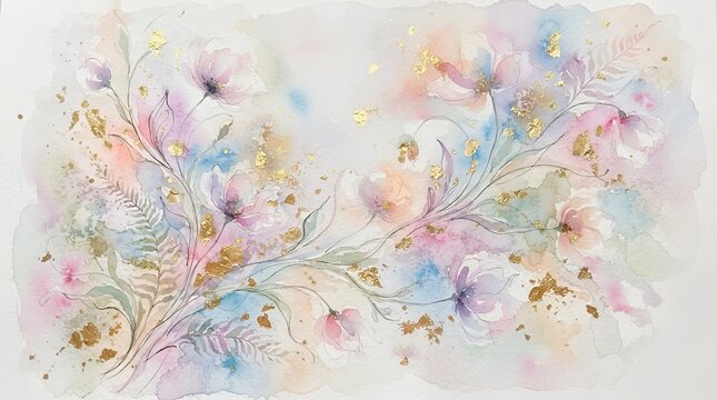 Delicate Abstract Watercolor Floral Background with Soft Pastel Washes, Graceful Flowing Lines and Shimmering Gold Leaf Splashes, Dreamy Luxury Artwork