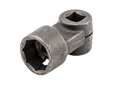 Heavy duty metal socket wrench adapter for industrial mechanical repair tools, isolated on black background for engineering, construction, automotive hardware maintenance, and vintage iron machinery c
