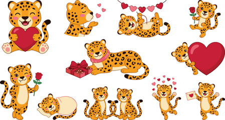 Obraz premium Cute Leopard Valentine Day Vector Set with Adorable Cartoon Cheetah Characters Holding Hearts Roses and Gift Boxes for Romantic Greeting Cards and Children Prints