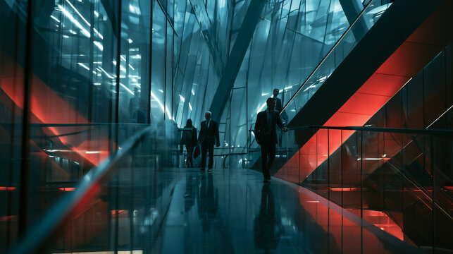 corporate professionals walking through a futuristic glass corridor, elegant business executives in a modern illuminated hallway, formal business people in a office interior