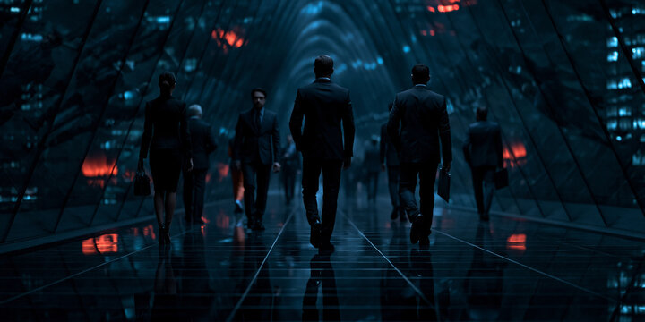 corporate professionals walking through a futuristic glass corridor, elegant business executives in a modern illuminated hallway, formal business people in a office interior