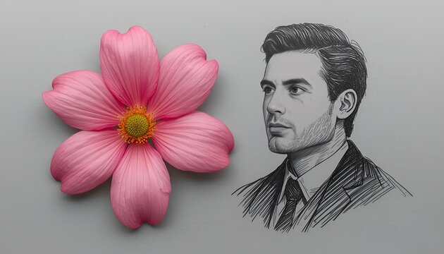Pink Flower Composition with Hand Drawn Male Figures on Gray Background, Creative Botanical and Artistic Concept