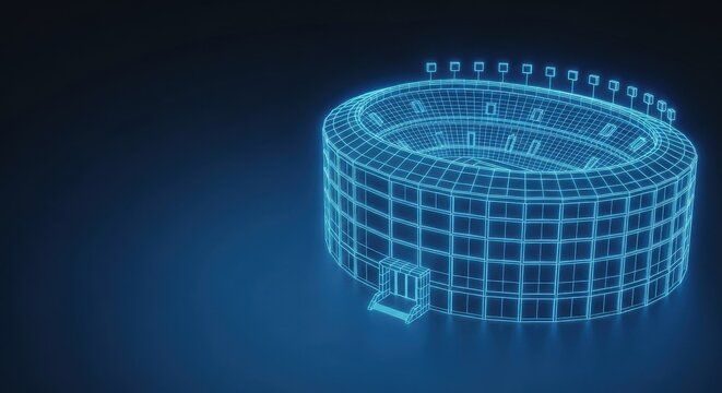 Futuristic 3D blueprint of a sports stadium, showcasing digital architectural design and planning.
