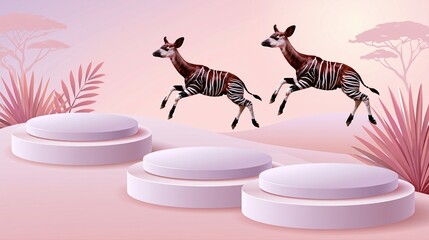 Naklejka premium Running Okapi on pink stage platforms