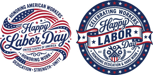 Naklejka premium Labor Day Badges Honoring American Workers with Patriotic Ribbons and Stars Design Elements Featuring Badge, Emblem, Logo
