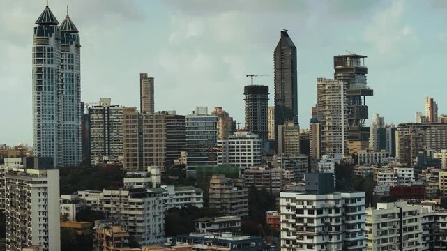 Aerial view of Mumbai Skyline, high-rise buildings in South Mumbai, Maharashtra, India. Cinematic shot of an Indian cityscape. Most posh areas in Mumbai.