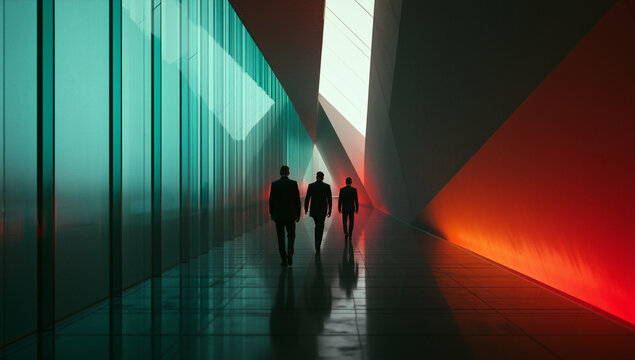 corporate professionals walking through a futuristic glass corridor, elegant business executives in a modern illuminated hallway, formal business people in a office interior