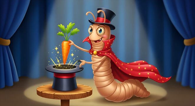 Whimsical cartoon magician worm performing a carrot trick with a top hat and cape on stage, fantasy illustration