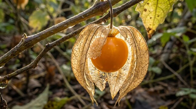 Orange physalis fruit inside its dried, translucent husk