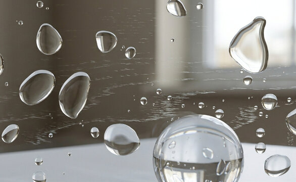 Macro shot of clear water droplets and condensation beads on transparent glass window pane