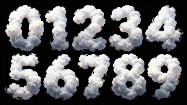Complete 3D cloud‑shaped numbers 0‑9, volumetric numerals made of white clouds, creative mist font set on black background