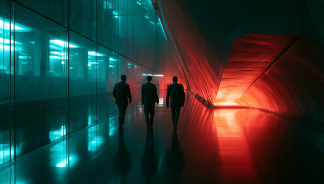 corporate professionals walking through a futuristic glass corridor, elegant business executives in a modern illuminated hallway, formal business people in a office interior