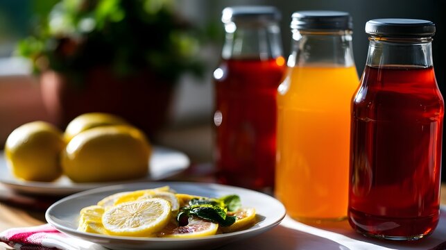 Three glass bottles filled with colorful fermented fruit drinks sit beside a plate of sliced citrus and mint