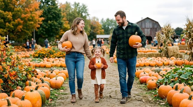 Happy young family walking with pumpkins at a rural farm in autumn