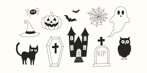 Obraz premium Halloween Doodle Set with Spooky Icons, Haunted House, Pumpkin, Ghost, Spider, Bat and Black Cat