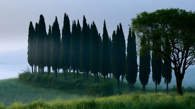 A row of tall cypress trees stands on a grassy hillside under a soft  hazy sky with a large leafy tree nearby