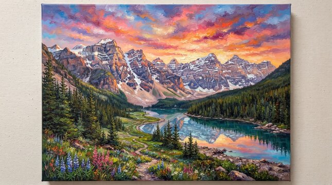 Vibrant Mountain Lake Landscape Painting Sunset Reflections