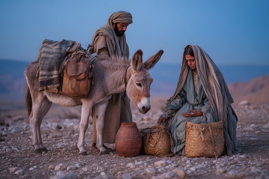 Biblical scene of man, woman, and a donkey with baggage in the desert landscape