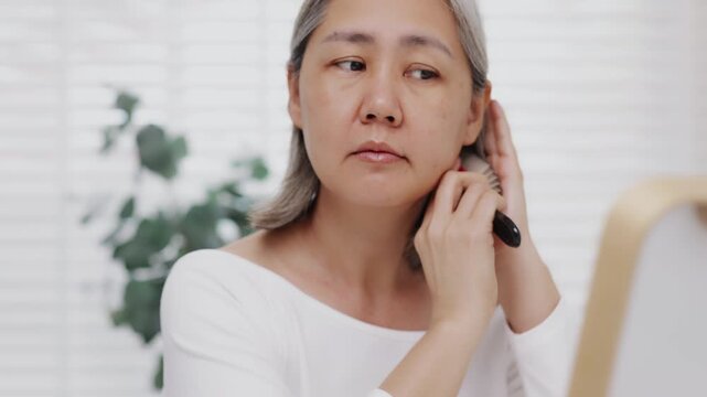 An Asian mature woman with natural grey hair gently brushes her short hair while looking into a tabletop mirror, Slow-motion shot.