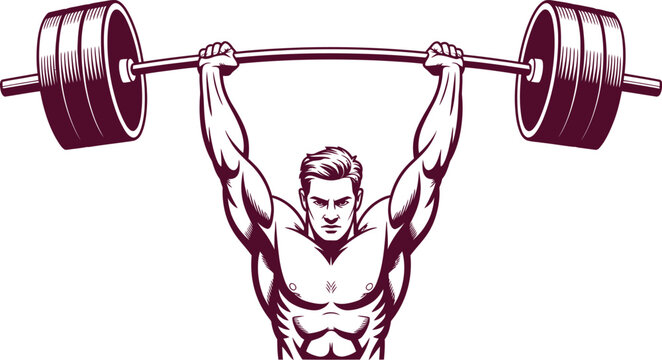 Vintage weightlifter lifting barbell. Retro muscular man posing with weights. Classic bodybuilding and gym logo design. Strong fitness athlete illustration. Powerlifting mascot vector graphic in
