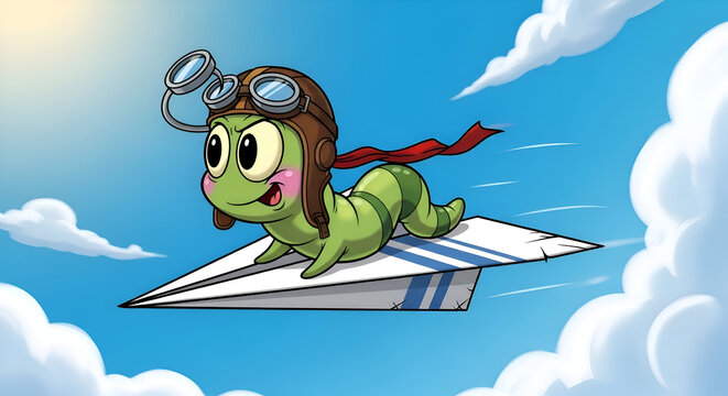 Adorable cartoon worm in aviator gear soaring through the sky on a paper airplane, evoking joy and adventure for children's books